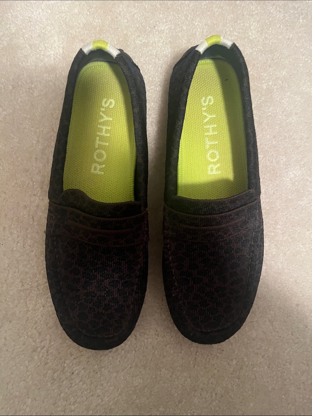 Rothy's Brown Black Leopard Print Knit Penny Loafers with Lime Green Insole